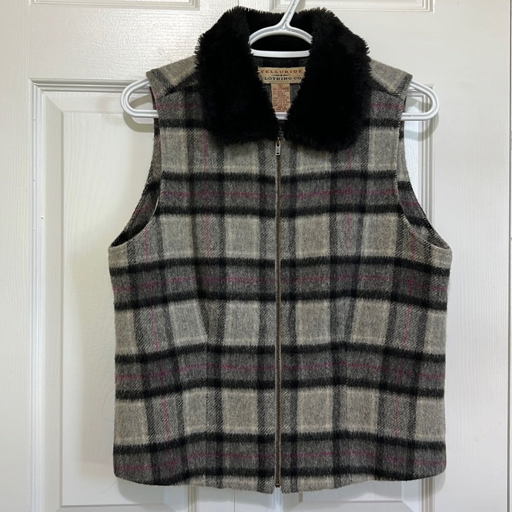 Vintage Plaid Women’s Vest Wool Blend Faux Fur Collar Small
